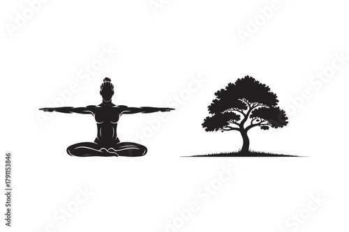 Silhouette of a person in yoga pose next to a tree