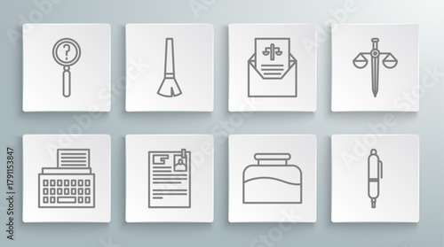 Set line Retro typewriter, Paint brush, Lawsuit paper, Inkwell, Pen, Subpoena, Scales of justice and Magnifying glass with search icon. Vector