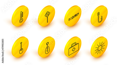 Set line Sun, First aid kit, Guitar, Shovel, Fishing hook, Camping knife, Parking and Meteorology thermometer icon. Vector