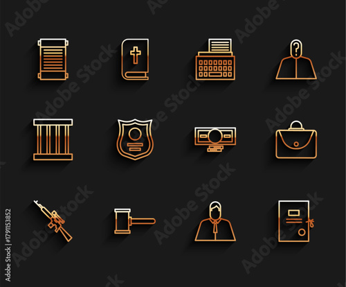 Set line Sniper rifle with scope, Judge gavel, Decree, paper, parchment, scroll, Lawyer, attorney, jurist, Lawsuit, Police badge, Briefcase and Stacks money cash icon. Vector
