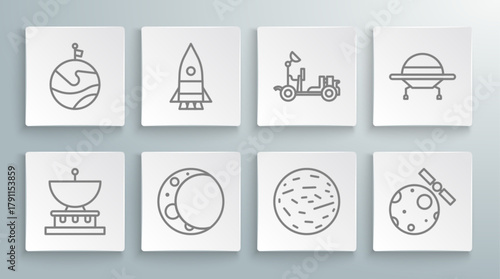 Set line Planet Saturn, Rocket ship, Moon, Mars, Satellites orbiting the planet Earth, rover, UFO flying spaceship and with flag icon. Vector