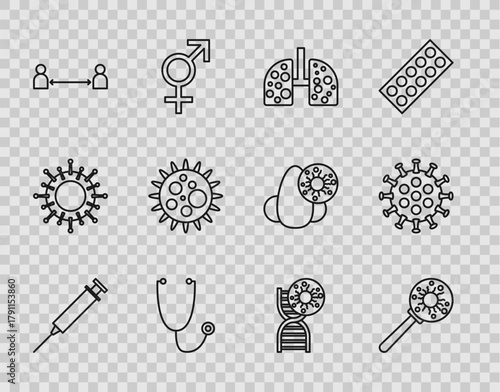 Set line Syringe, Virus under magnifying glass, cells lung, Stethoscope, Safe distance, DNA symbol and virus and icon. Vector