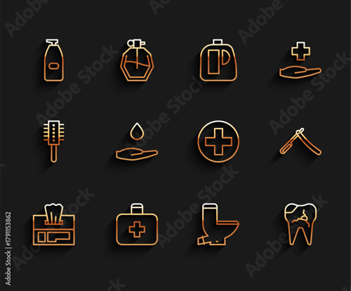 Set line Wet wipe pack, First aid kit, Bottle of liquid antibacterial soap, Toilet bowl, Broken tooth, Washing hands with, Straight razor and Cross hospital medical icon. Vector