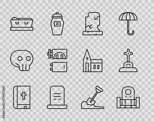 Set line Holy bible book, Grave with tombstone, Old grave, Coffin dead, Crematorium, Shovel the ground and cross icon. Vector