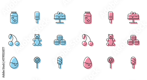Set line Chocolate egg, Lollipop, Strawberry jam jar, Ice cream, Jelly bear candy, Macaron cookie, Cherry and icon. Vector