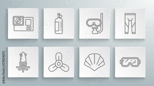 Set line Octopus, Aqualung, Boat propeller, turbine, Scallop sea shell, Diving mask, and snorkel, Wetsuit and Action camera icon. Vector