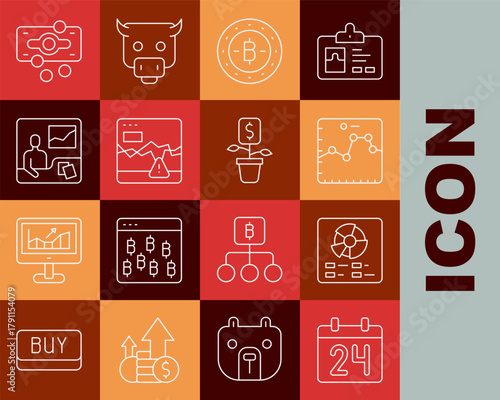 Set line Calendar, Pie chart infographic, Browser with growth, Bitcoin, Failure stocks market, Trading courses, Stacks paper money cash and Dollar plant icon. Vector
