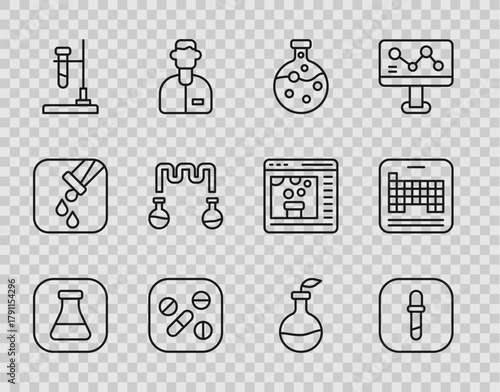 Set line Test tube and flask, Pipette, Medicine pill or tablet, on fire, Plant breeding and Periodic icon. Vector
