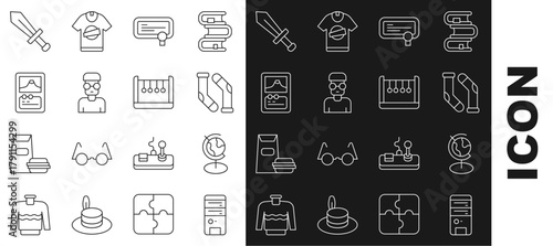 Set line Computer, Earth globe, Socks, Certificate template, Nerd geek, Card game, Sword for and Pendulum icon. Vector