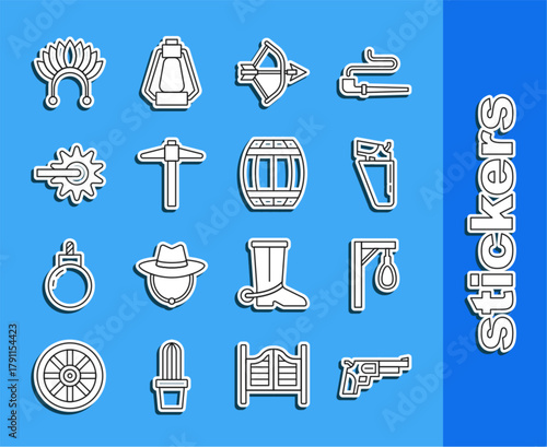 Set line Revolver gun, Gallows, in holster, Bow and arrow quiver, Pickaxe, Spur, Indian headdress with feathers and Gun powder barrel icon. Vector