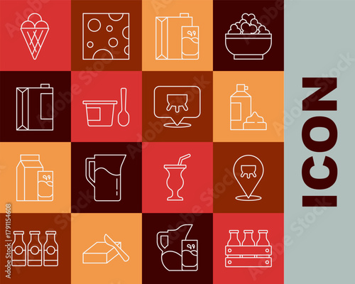 Set line Bottled milk in wooden box, Udder, Whipped cream bottle, Paper package for, Yogurt container with spoon, kefir, Ice waffle cone and icon. Vector