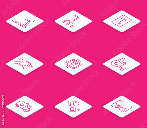 Set line Treadmill machine, Walking stick cane, Separated toilet for disabled, Electric wheelchair, Smart watch, Emergency car and Eyeglasses icon. Vector