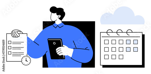 Person holding a checklist and tablet, clock symbolizing deadlines, calendar for scheduling, cloud backdrop. Ideal for productivity, task management, planning, scheduling, deadlines workflow