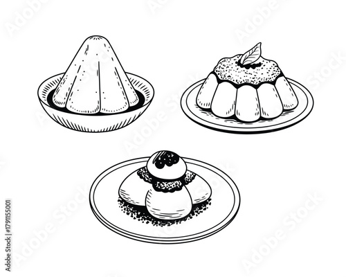 Artistic hand drawn sketch of traditional asian sweet desserts