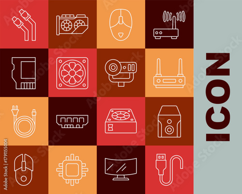 Set line USB cable cord, Uninterruptible power supply, Router and wi-fi signal, Computer mouse, cooler, SD card, LAN network internet and Web camera icon. Vector