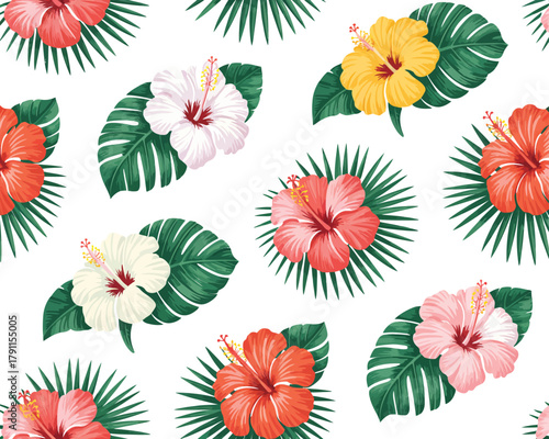 Tropical hibiscus flowers and palm leaves seamless pattern design.