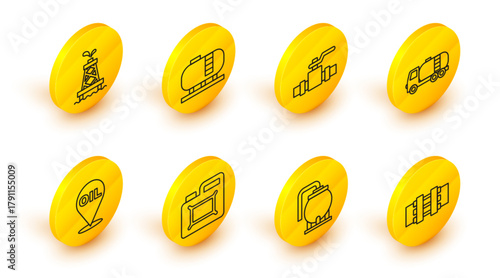 Set line Metallic pipes and valve, Oil tank storage, Canister for motor oil, Refill petrol fuel location, Tanker truck, and rig icon. Vector