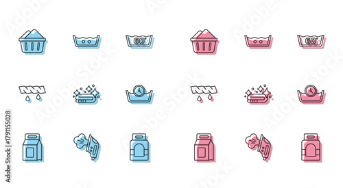 Set line Laundry detergent, Electric iron, Basin with soap suds, Towel stack, Time wash, Squeeze clothes and Temperature icon. Vector