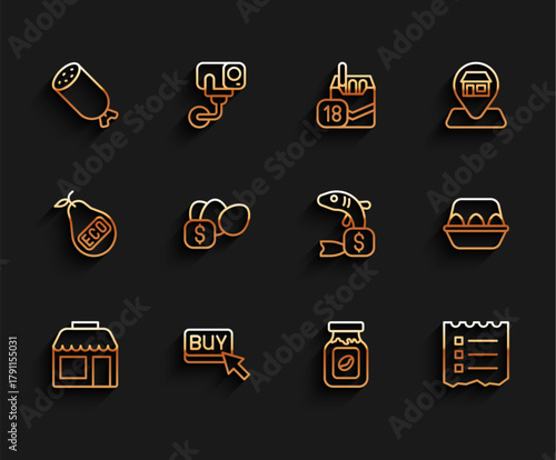 Set line Market store, Buy button, Salami sausage, Coffee jar bottle, Shopping list, Price tag for egg, Chicken box and fish icon. Vector