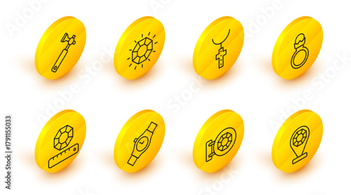 Set line Jewelry store, Wrist watch, Gem stone, Diamond engagement ring, Christian cross chain, and Jewelers lupe icon. Vector