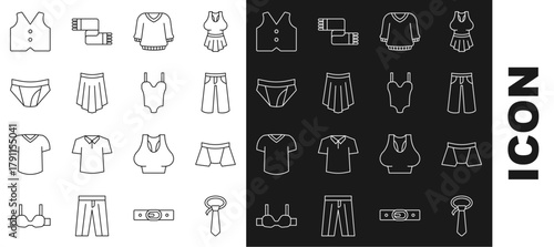 Set line Tie, Men underpants, Pants, Sweater, Skirt, Waistcoat and Swimsuit icon. Vector