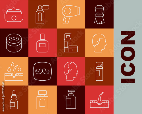 Set line Human hair follicle, Shaving gel foam, Hairstyle for men, dryer, Aftershave, Gel wax styling, and icon. Vector
