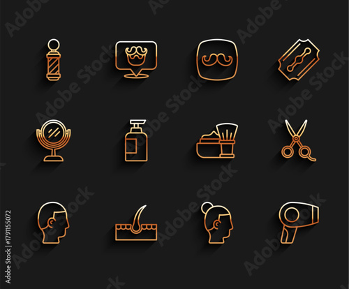 Set line Hairstyle for men, Human hair follicle, Classic Barber shop pole, dryer, Bottle of shampoo, Scissors hairdresser and Shaving brush with foam icon. Vector