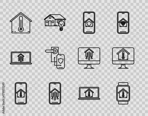 Set line Mobile phone with house temperature, Smart watch, under protection, smart home, House, Digital door lock wireless technology for lock, Laptop and Computer monitor icon. Vector