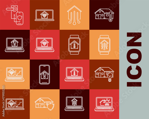 Set line Laptop with smart house and alarm, Smart light bulb, home watch, wi-fi, Digital door lock wireless technology for lock and temperature icon. Vector