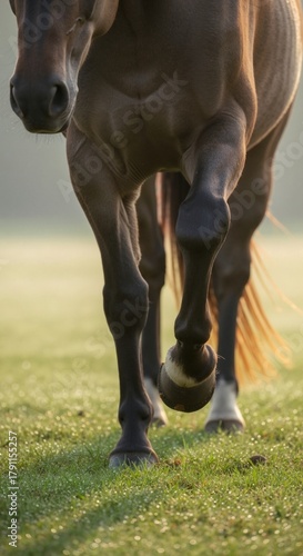 Close-up of a horse's muscular legs walking on green grass with morning dew. Vertical photo of an equine stepping through a pasture at sunrise.