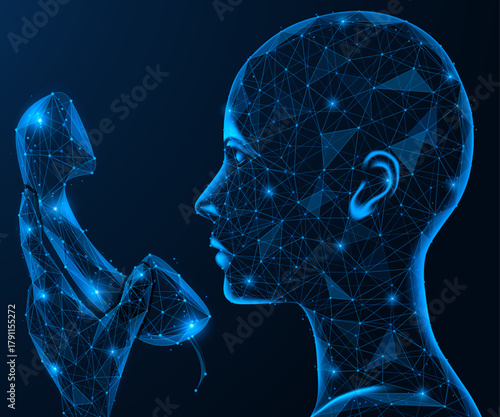 Artificial intelligence answering machine. The operator holds the phone receiver. The concept of digital communication and voice technologies. Polygonal design, blue background.