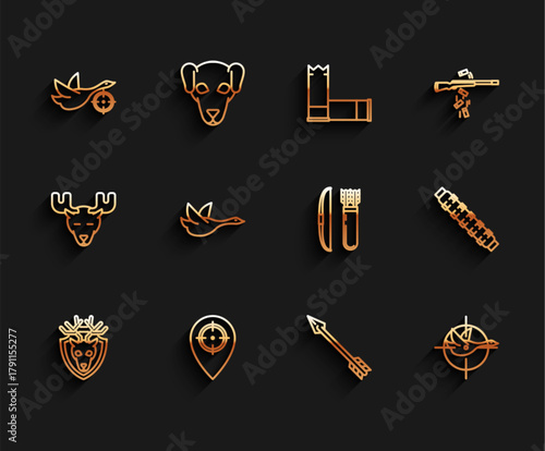 Set line Deer head with antlers on shield, Hunt place, duck crosshairs, Hipster arrow, Flying, Hunting cartridge belt cartridges and Bow and quiver icon. Vector