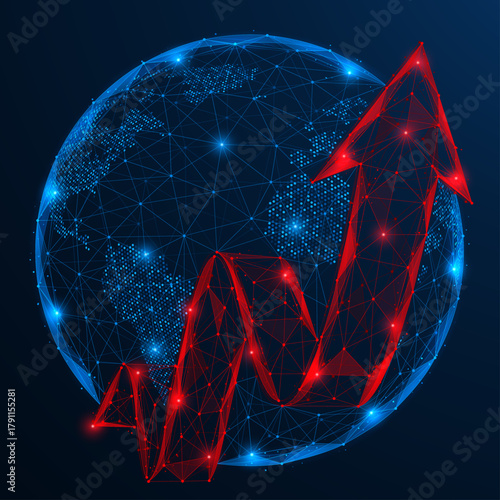 Global progress. Red growth arrow on the background of planet Earth. The concept reflects global success and economic advancement. Polygonal design, blue background.