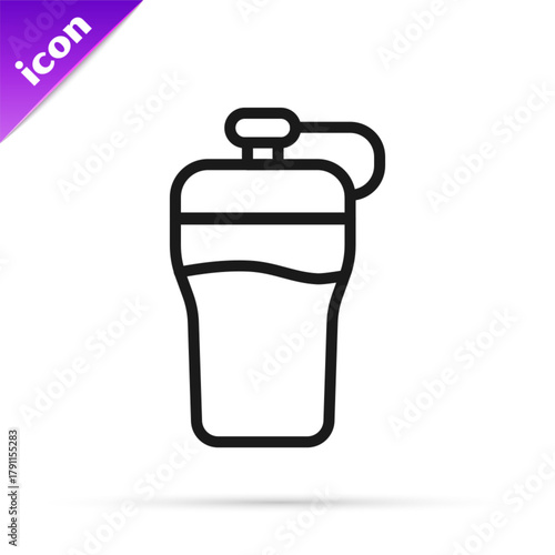 Black line Fitness shaker icon isolated on white background. Sports shaker bottle with lid for water and protein cocktails. Vector