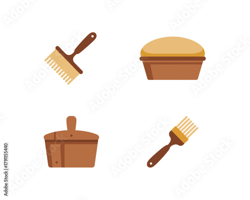 Sauna and spa icons set with brushes, bucket, and bowl element