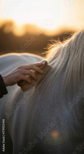 A person's hand grooming a white horse with a brush at sunset. Close-up of equestrian care during the golden hour
