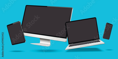 Realistic computer, laptop, and tablet mockup with blank screens. Digital devices levitation on blue background.