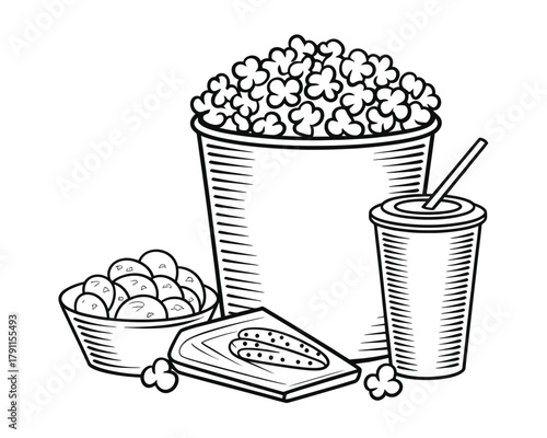 Vector illustration of classic movie snacks, popcorn and drinks