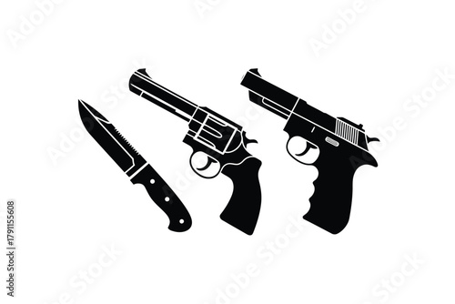 Set of weapon silhouettes: pistol, revolver, and combat knife