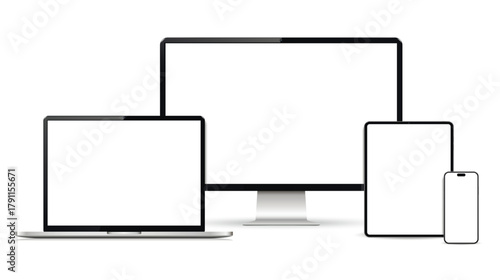 Realistic computer, laptop, tablet, smartphone with a white background