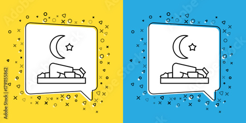 Set line Muslim man prays on the carpet icon isolated on yellow and blue background. Vector