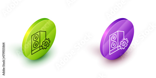 Isometric line Case of computer setting icon isolated on white background. Computer server. Workstation. Adjusting, service, maintenance, repair, fixing. Green and purple circle buttons. Vector