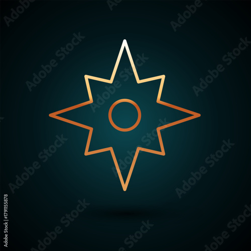 Gold line Wind rose icon isolated on dark blue background. Compass icon for travel. Navigation design. Vector