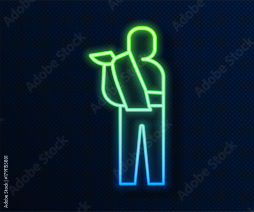 Glowing neon line Human broken arm icon isolated on blue background. Injured man in bandage. Vector