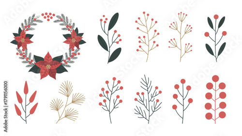 Festive christmas wreath, poinsettia, berries and winter plants