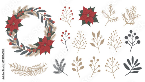 Winter holiday botanical wreath and decorative elements set.