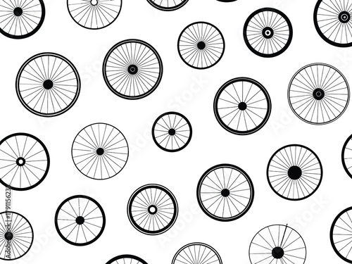 Bicycle wheel pattern, seamless black and white graphic design
