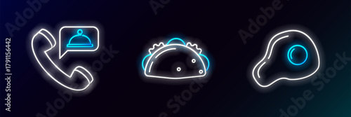 Set line Scrambled eggs, Food ordering and Taco with tortilla icon. Glowing neon. Vector