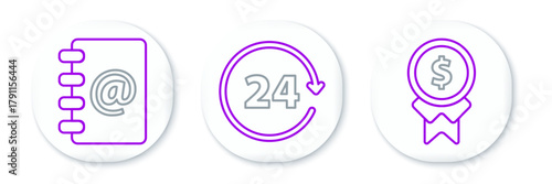 Set line Reward for good work, Address book and Clock 24 hours icon. Vector