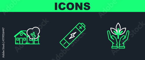 Set line Plant in hand of environmental protection, Eco friendly house and Battery icon. Vector